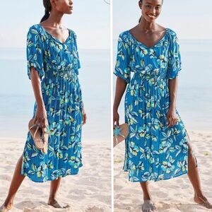 La Blanca Fiji Tropical Beach Coverup  Blue Metallic Midi Dress In Blue Size M
